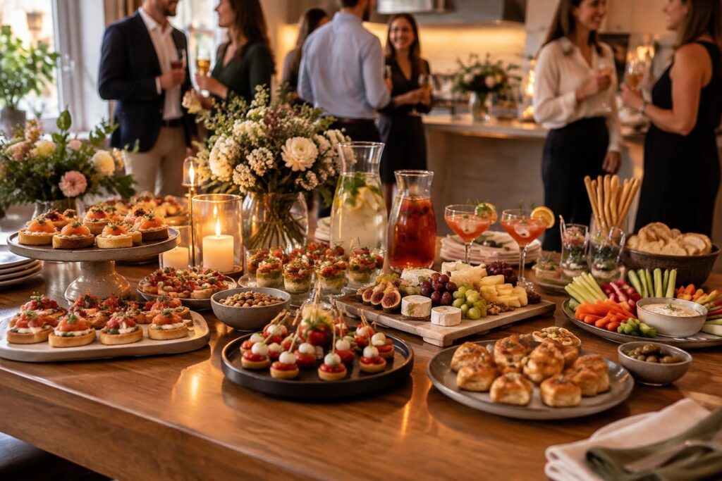 organisez un cocktail dînatoire à la maison sans stress : idées de menu, recettes, quantités et check-list complète pour tout préparer.