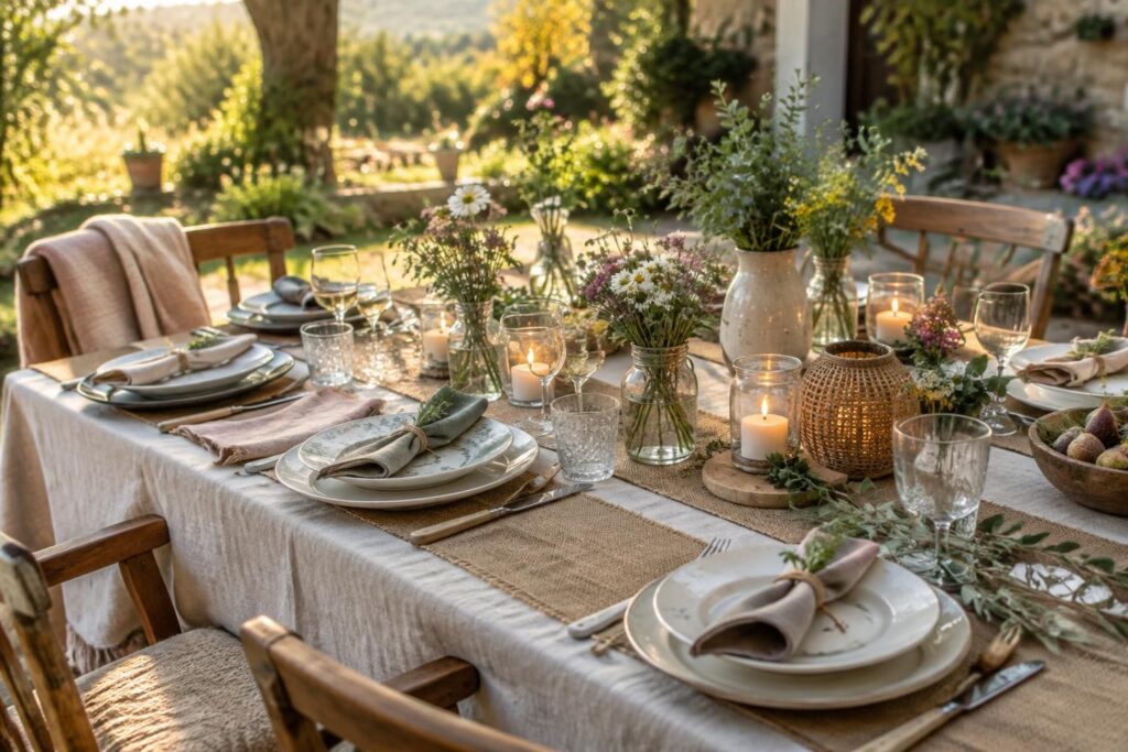 découvrez des idées faciles et pas chères pour une décoration de table champêtre pleine de charme, avec des fleurs, des matières naturelles et des astuces diy.